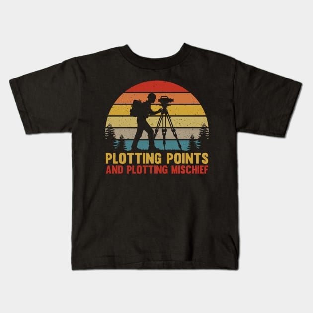 Retro Vintage Sunset Land Surveyor Funny Surveying Humor Kids T-Shirt by Graphic Monster